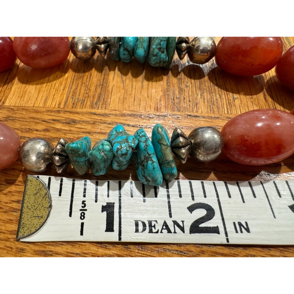 Solid Turquoise Cross Necklace Coral and Sterling Nuggets Heishi Beads 22" 114 g - Picture 11 of 13